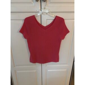 Talbots Petite Medium Coral Pink V-Neck Short Sleeve Ribbed Knit Sweater Top